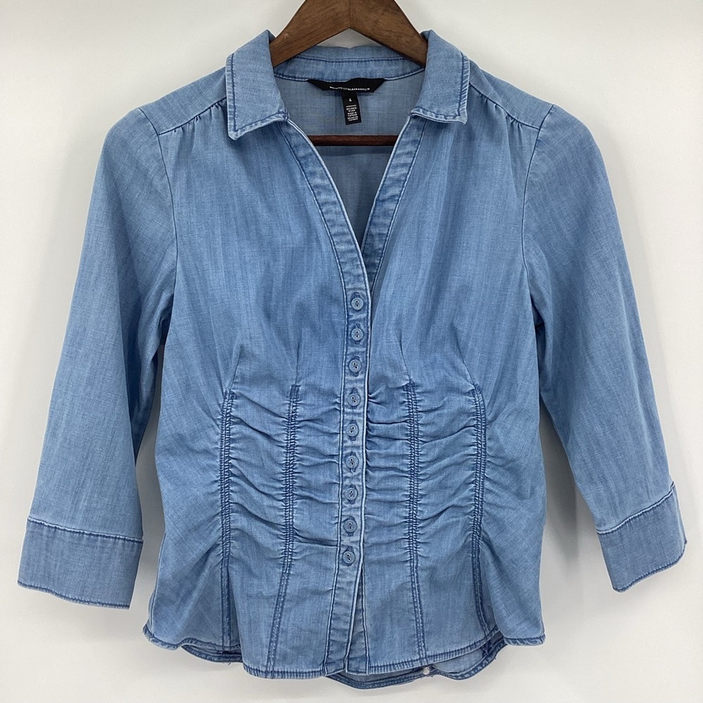 White House Black Market Light Blue Ruched Button-Front Chambray Shirt - Picture 3 of 14